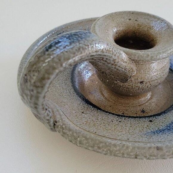 Vintage Rowe Pottery Candlestick Holder, Gray & Blue Salt Glazed Folk Art c.1982 - Picture 6 of 10